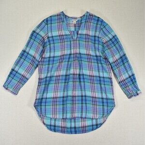 L.L. Bean Small Tunic Top Plaid Linen Cotton Blue Purple V-Neck Split Hem